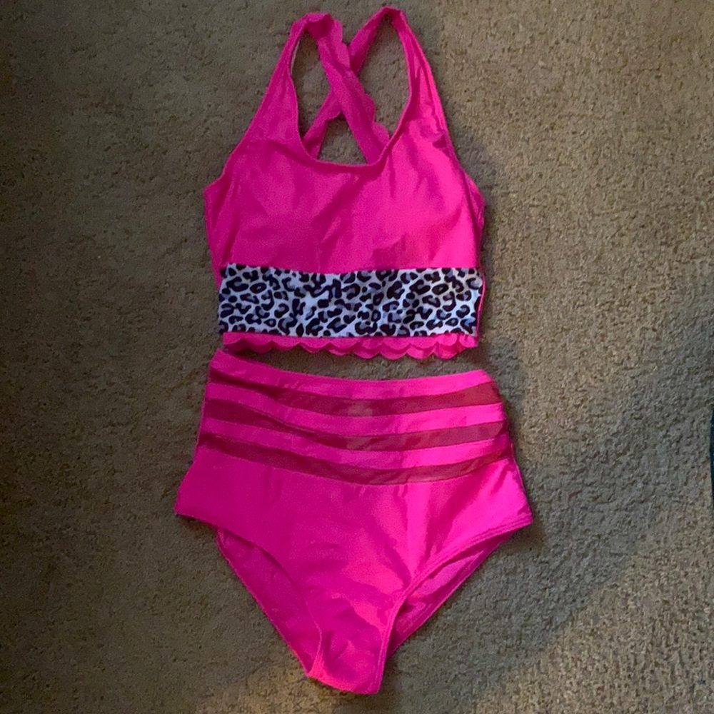 2 piece hot pink swimsuit.